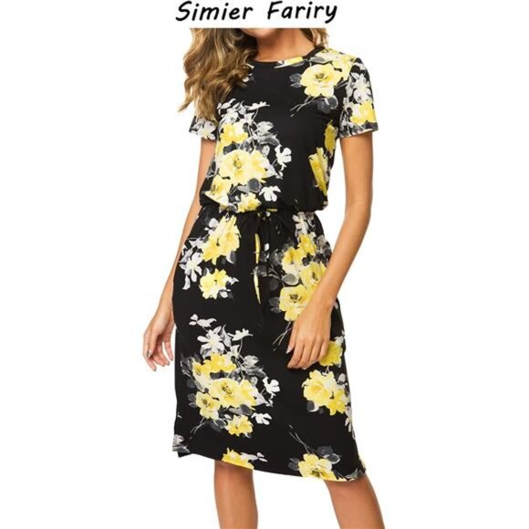 Women's Summer Blouson Dress – Knee-Length, Pocketed, Belly-Hiding Work Casual - Picture 2 of 7